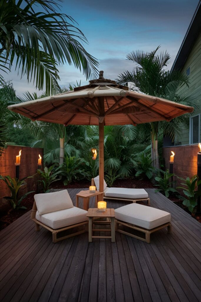 Tropical-themed patio with a bamboo umbrella, surrounded by palm plants and tiki torches