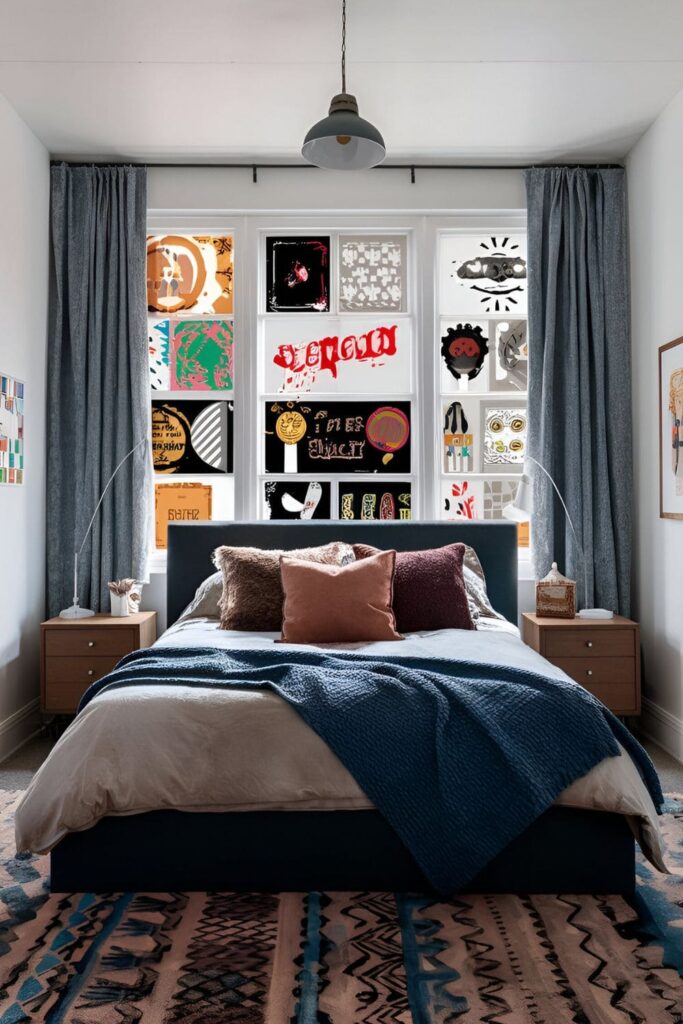 Unique bedroom featuring a window behind the bed covered with artistic window film, displaying personalized designs