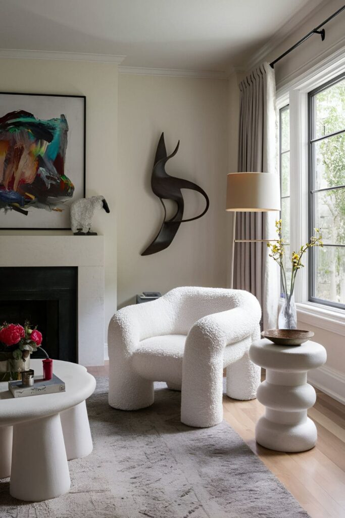 Unique sculptural furniture pieces in a living room, including an art-like chair and an unusually shaped coffee table, adding elegance