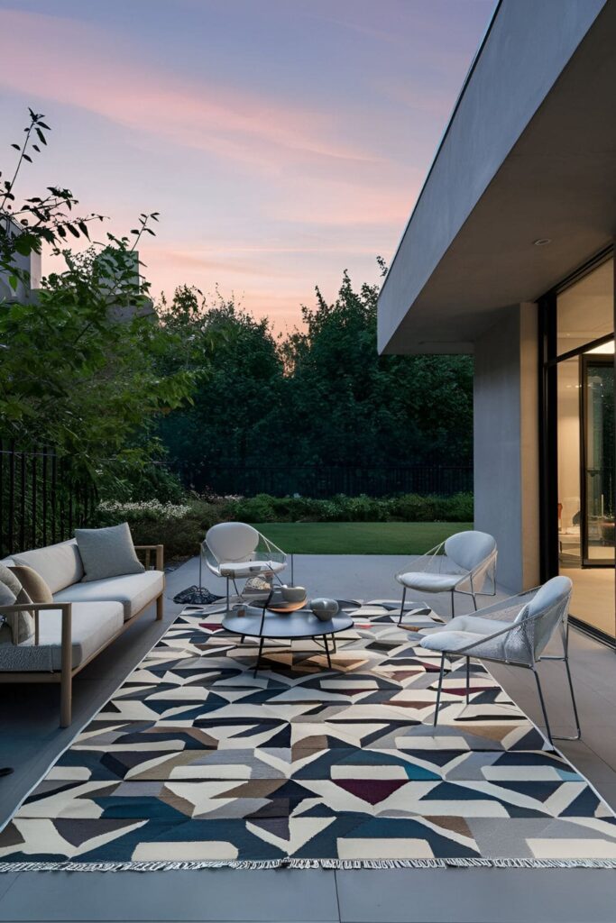 Urban chic patio with a sleek modern rug featuring geometric patterns or monochrome colors contemporary furniture and metallic accents