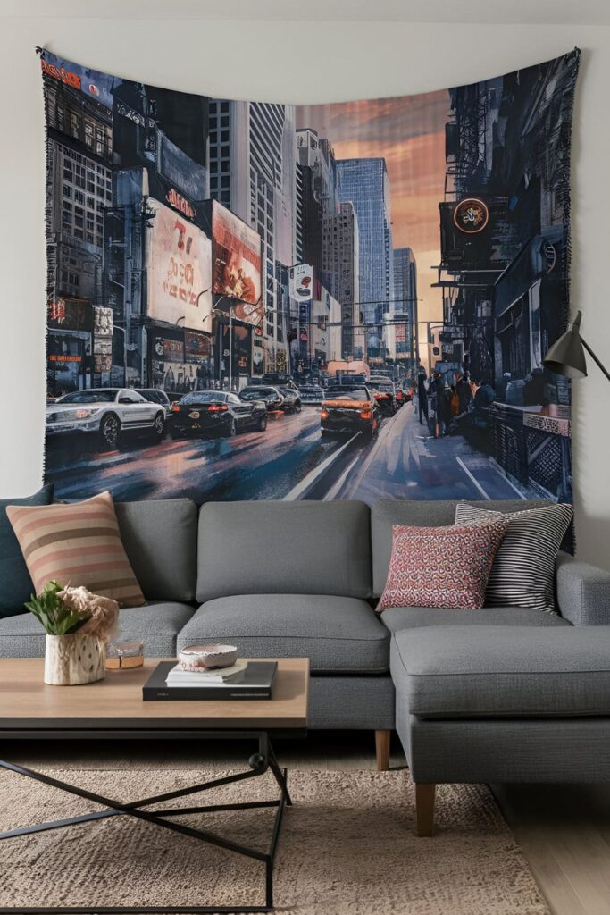 Urban-inspired tapestries hanging on a living room wall, featuring cityscape and abstract patterns