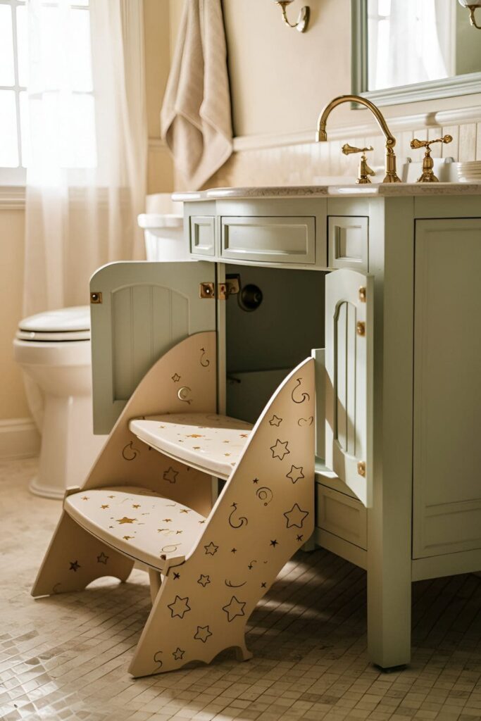 Vanity with a built-in step stool partially pulled out in a tidy bathroom