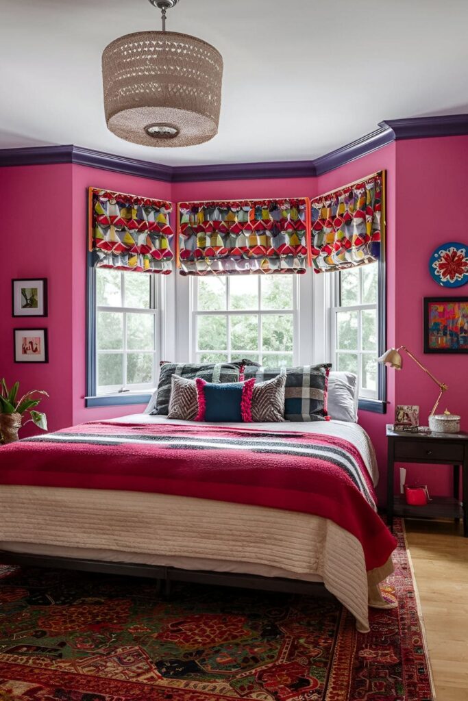 Vibrant bedroom with a bold color painted window trim behind the bed, creating a striking contrast that adds a fun element