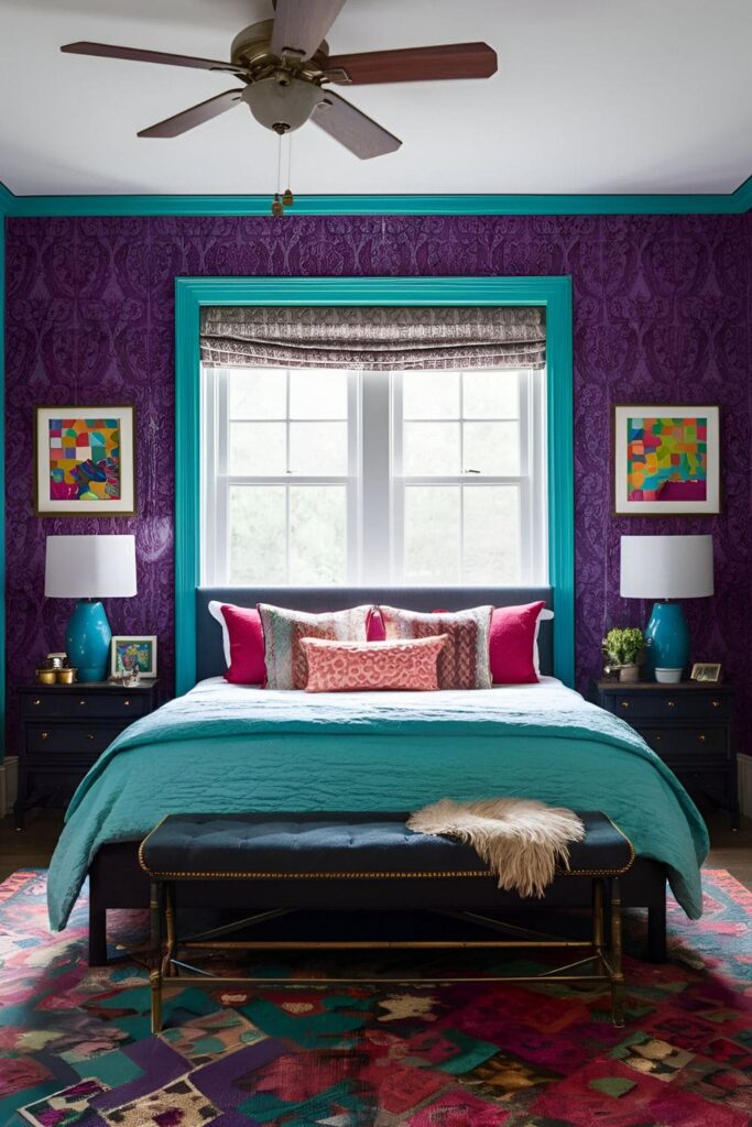 Vibrant bedroom with contrasting color painted window trim behind the bed, highlighting the window and adding interest