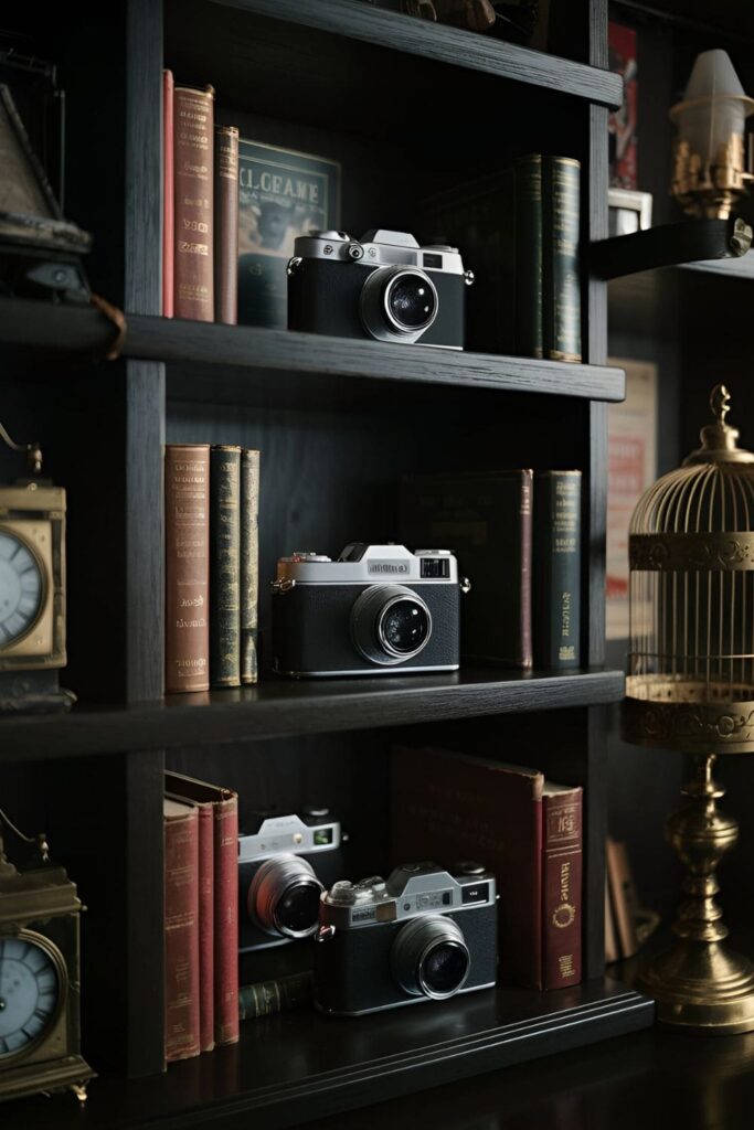 Vintage cameras displayed on a dark wood shelf surrounded by classic novels, antique decor, and dim, atmospheric lighting