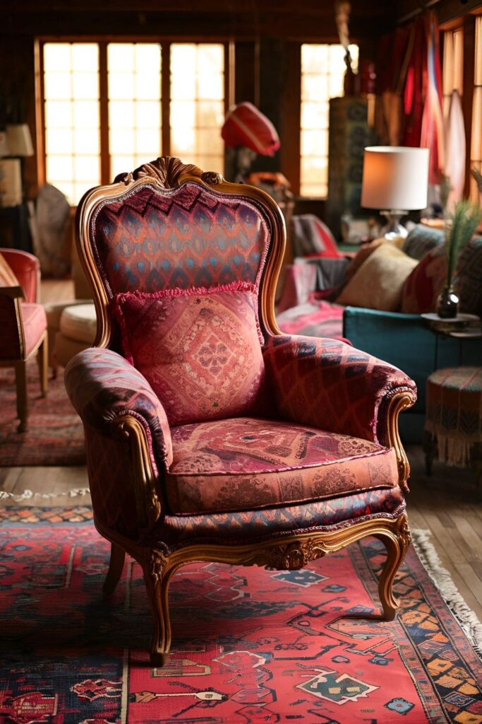 Vintage chair reupholstered in bold, patterned fabric, standing out as a statement piece in an eclectic living room decor