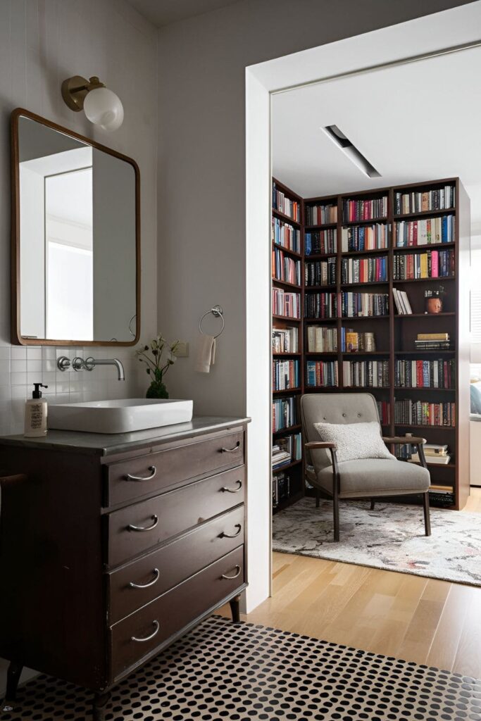 Vintage dresser repurposed as a bathroom vanity with a modern sink and faucet, alongside a bookshelf used as a room divider