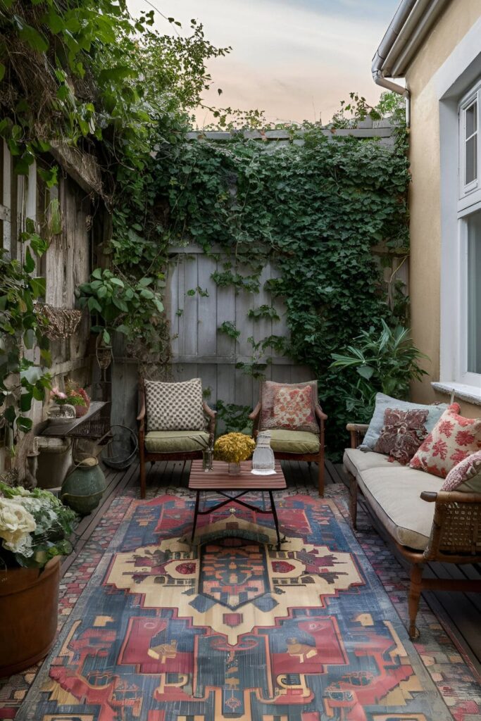 Vintage patio with a faded color and intricate patterned rug vintage furniture and nostalgic accessories