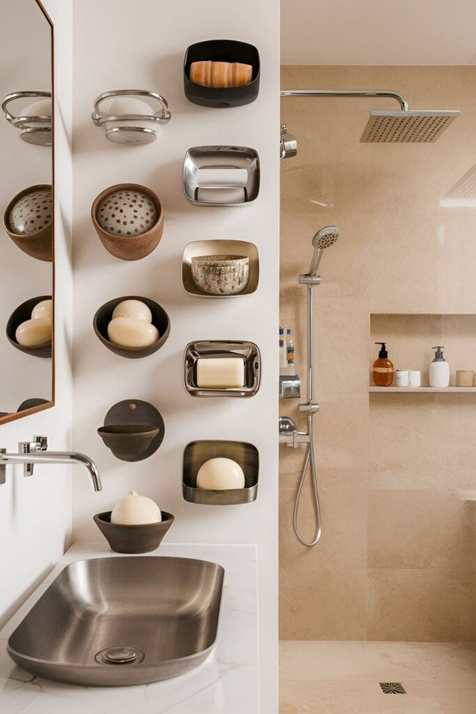 Wall-mounted soap dishes near a sink and in a shower, keeping the bathroom tidy