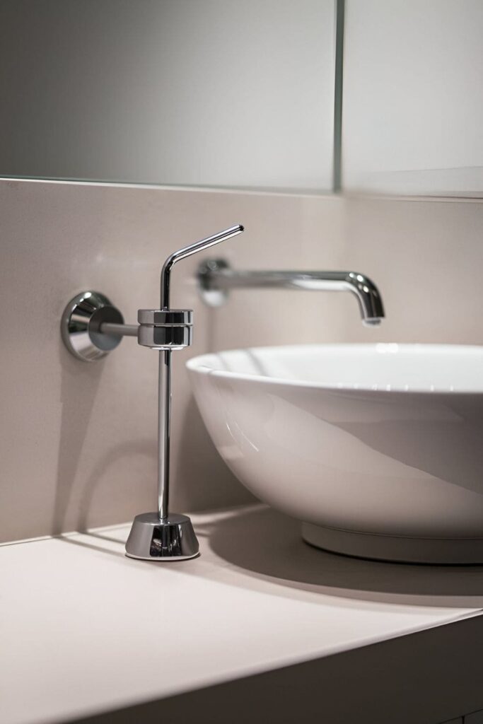 Wall-mounted toothbrush holder next to a sink, keeping the counter clear