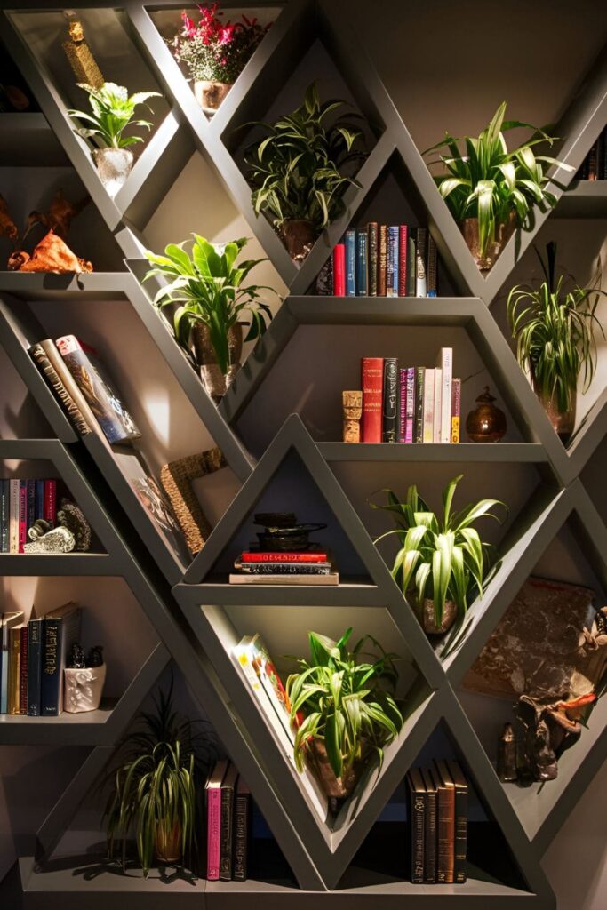 Wall with shelves showcasing a mix of plants, books, and decorative items, creating a dynamic display