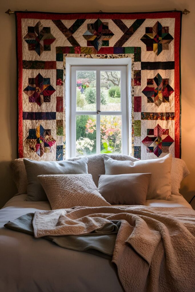 Warm bedroom with a cozy quilt displayed on the wall above the bed, framing the window and adding texture and warmth