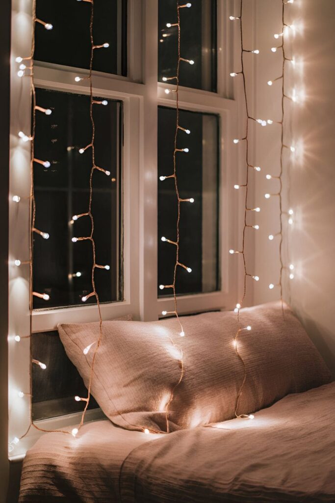 Whimsical bedroom with a window behind the bed, framed by a draped light garland with warm white lights creating a cozy evening glow