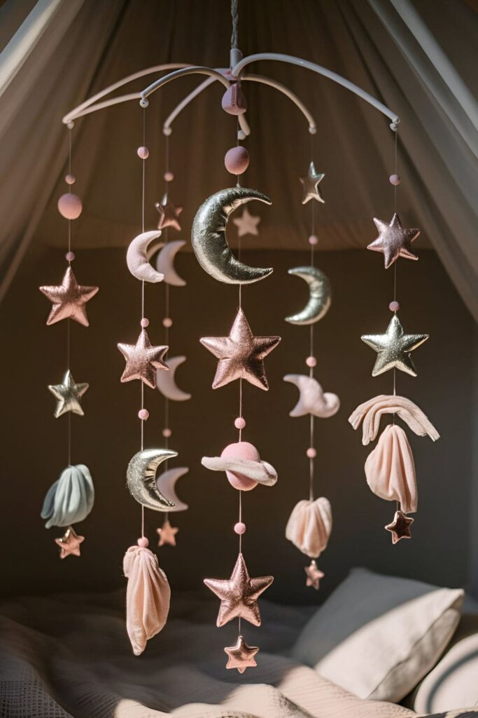 Whimsical mobile with stars, moons, and abstract shapes hanging above a bed or in a cozy corner, adding movement and interest