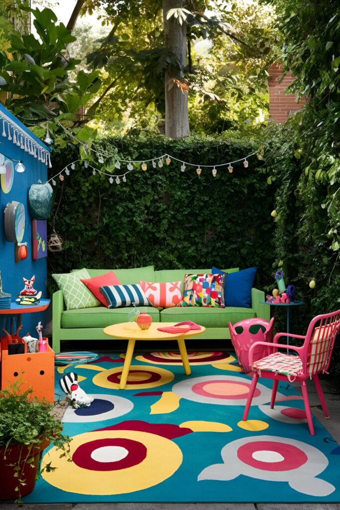 Whimsical patio with a playful quirky rug in bright colors and unique designs surrounded by fun decor items