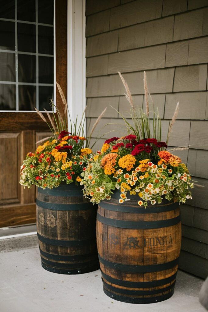 Whiskey barrels used as planters filled with vibrant fall flowers, placed on a rustic front porch