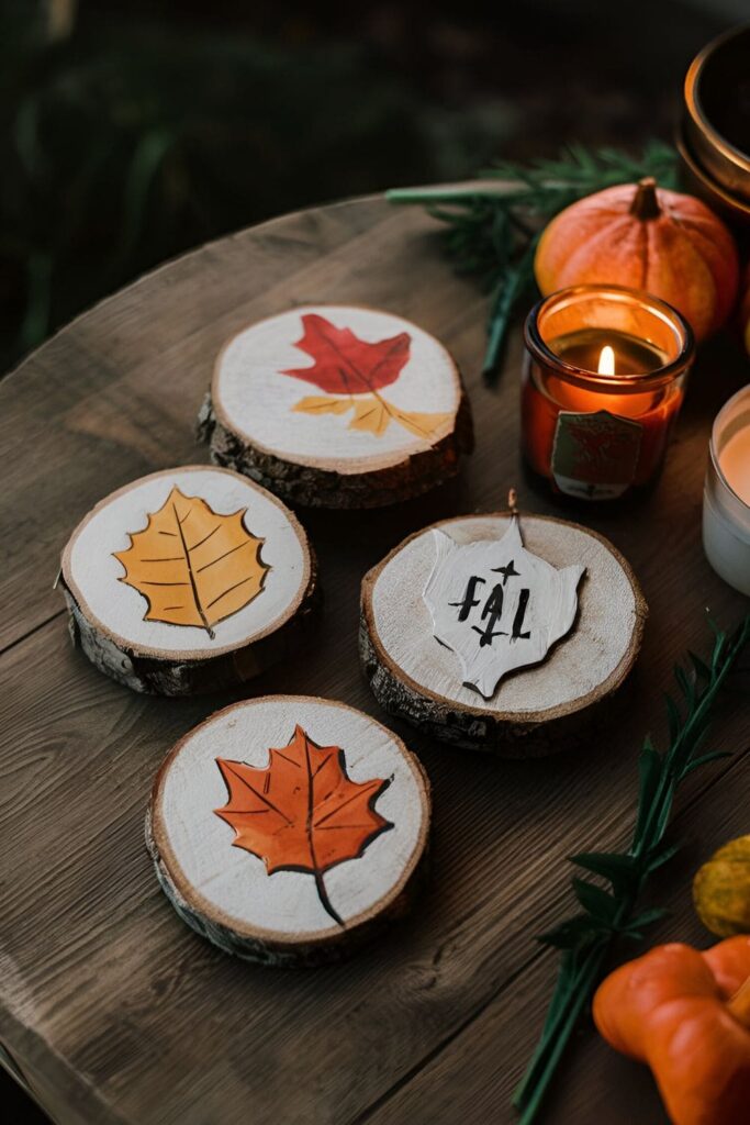 Wood slices painted with fall motifs, used as bases for candles or stacked for a rustic woodland touch