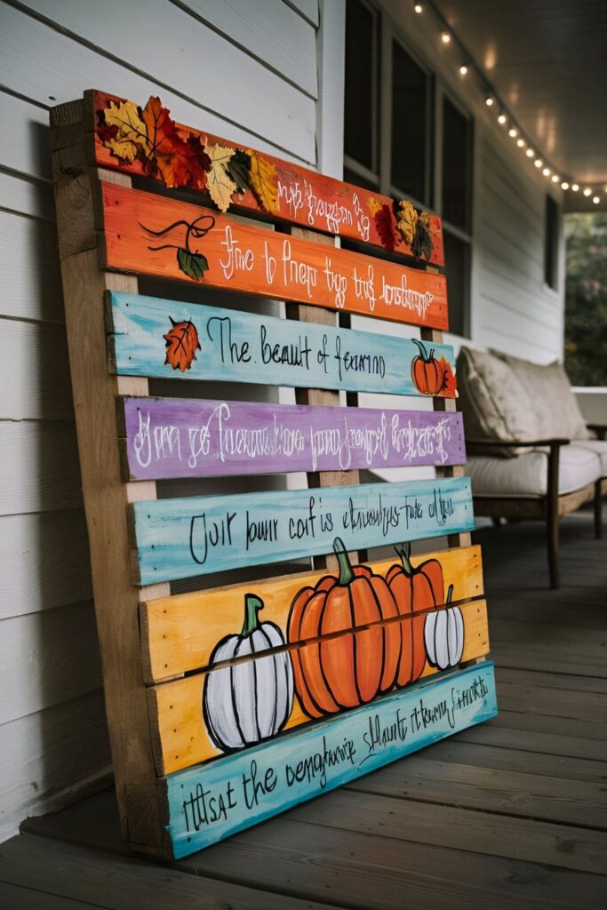 Wooden pallet repurposed as art, painted with fall-themed designs like pumpkins, leaves, or quotes, leaning against a porch wall