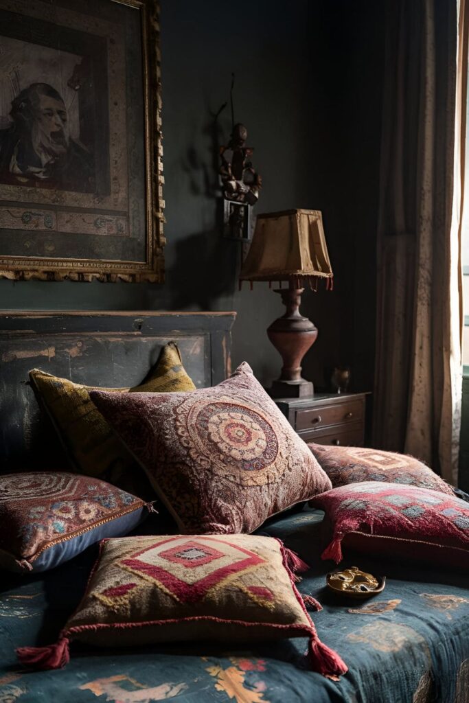 Worn Persian cushions with intricate patterns and rich colors scattered on a bed or seating area in a dark academia bedroom