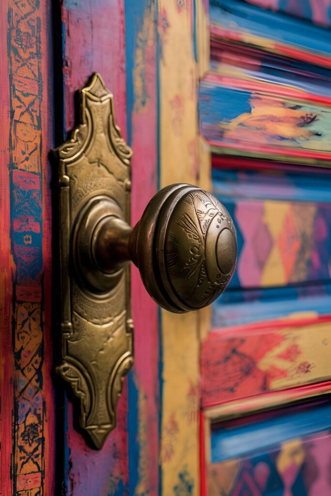 a vintage brass doorknob on a brightly painted door, featuring intricate designs and unique finishes