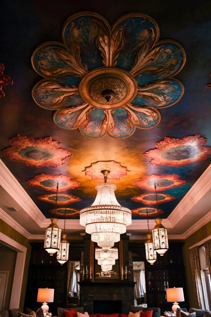 ceiling featuring intricate medallions, painted designs, and hanging decor adding an extra layer of style