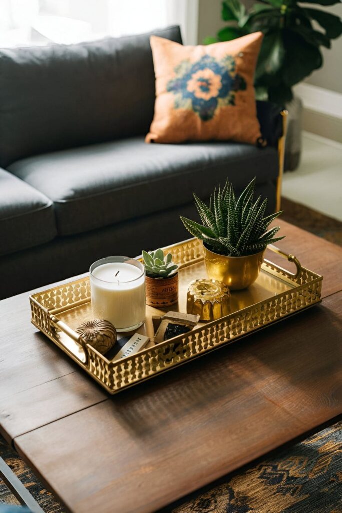 coffee table with a brass decorative tray filled with stylish items like candles, succulents, and vintage trinkets