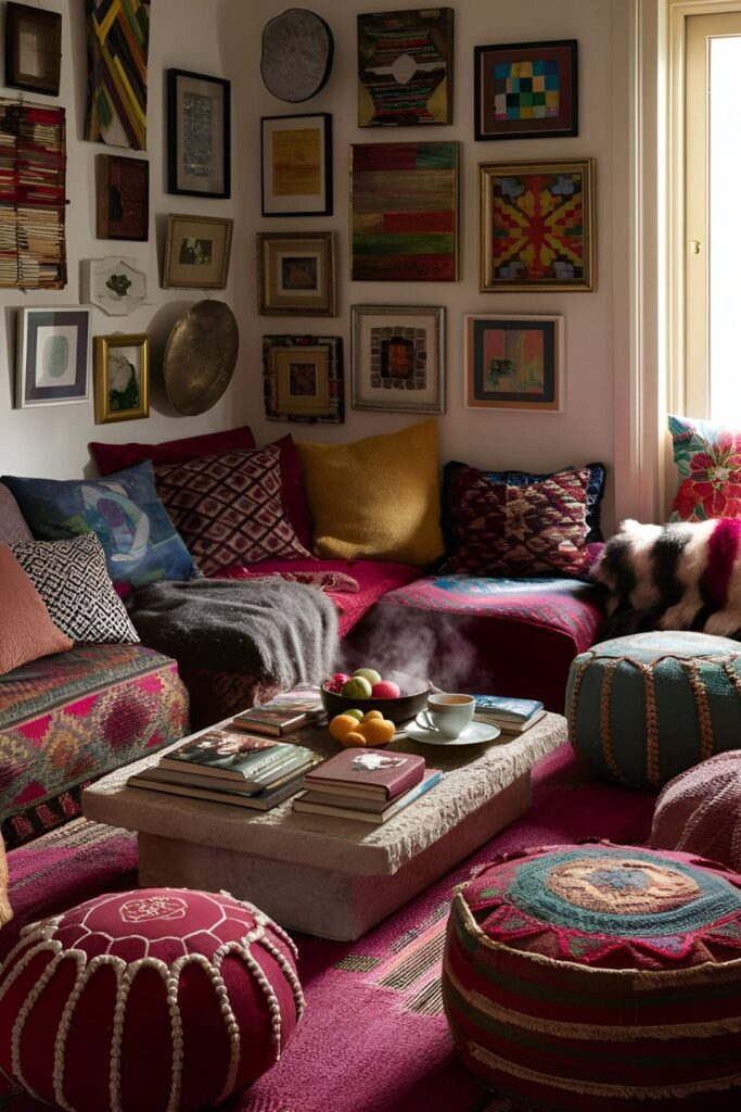 living room corner featuring a mix of poufs and ottomans in various colors, patterns, and textures around a low coffee table