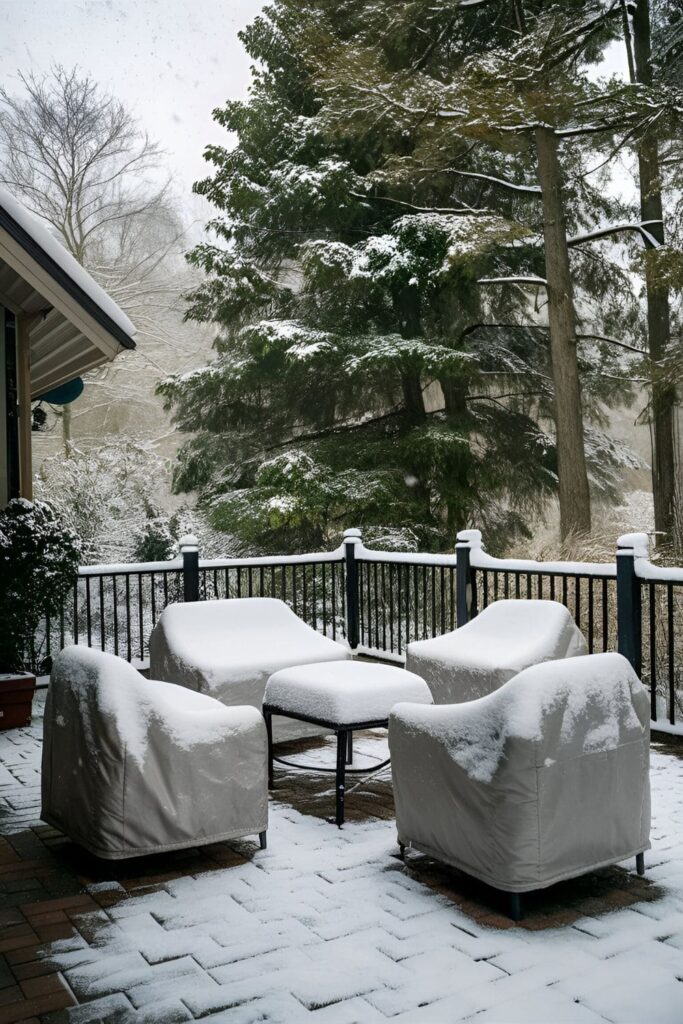 patio with metal furniture covered in insulated, weatherproof covers, with snow gently falling around