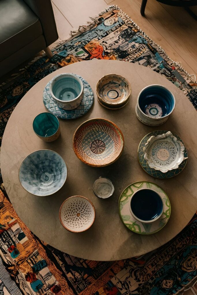 view of a coffee table with colorful ceramic bowls and decorative trays in various patterns and textures