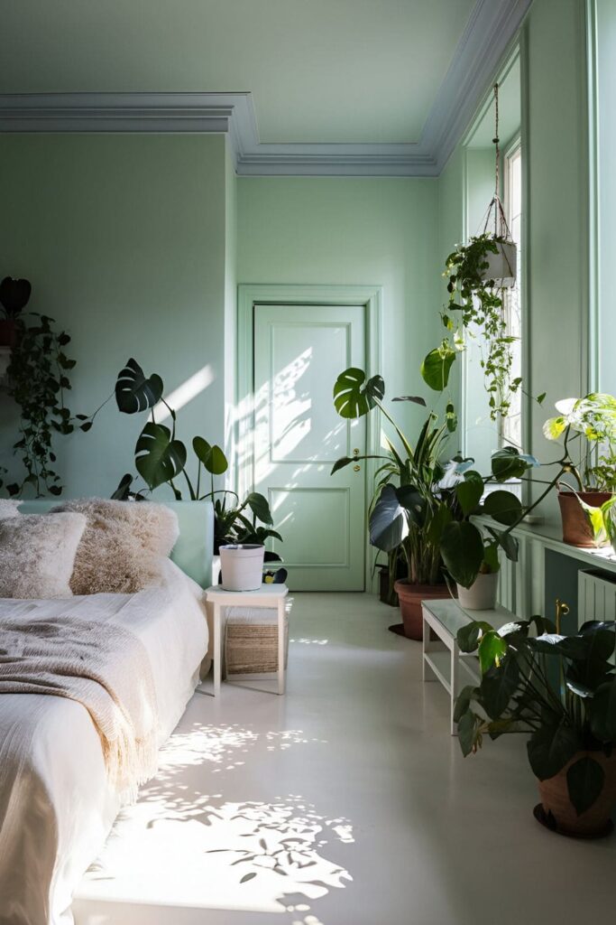 A bedroom featuring pale mint walls, white furniture, and green plants, evoking a serene and tranquil vibe