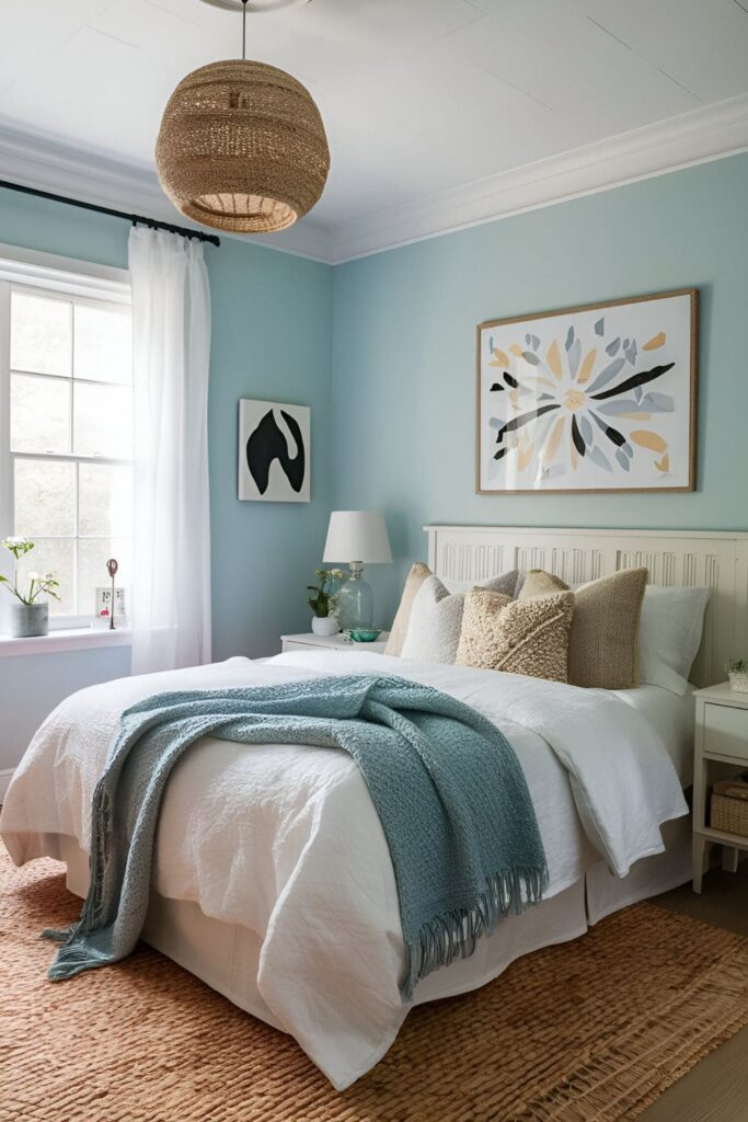 A bedroom with baby blue walls, white furniture, and light textiles, providing a serene and stress-free atmosphere