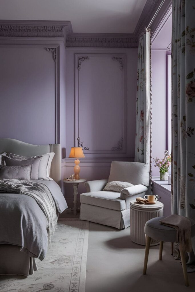 A bedroom with lavender walls, soft gray furniture, and floral accents, promoting calmness and relaxation