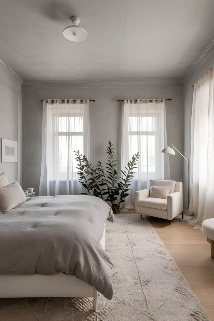 A bedroom with light gray walls, minimalist decor, and airy textiles, making the space feel spacious and calming