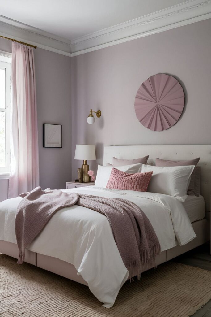 A bedroom with light mauve walls, white bedding, and pink accents, creating a calming and sophisticated atmosphere