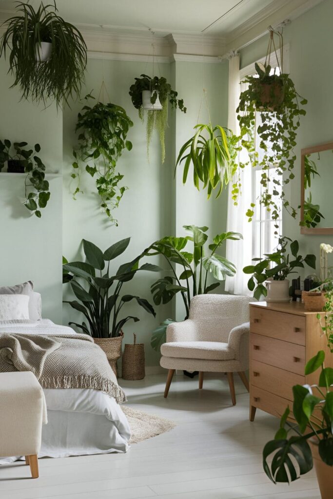 A bedroom with light sage walls, green plants, and neutral furniture, bringing a touch of nature indoors and promoting peace