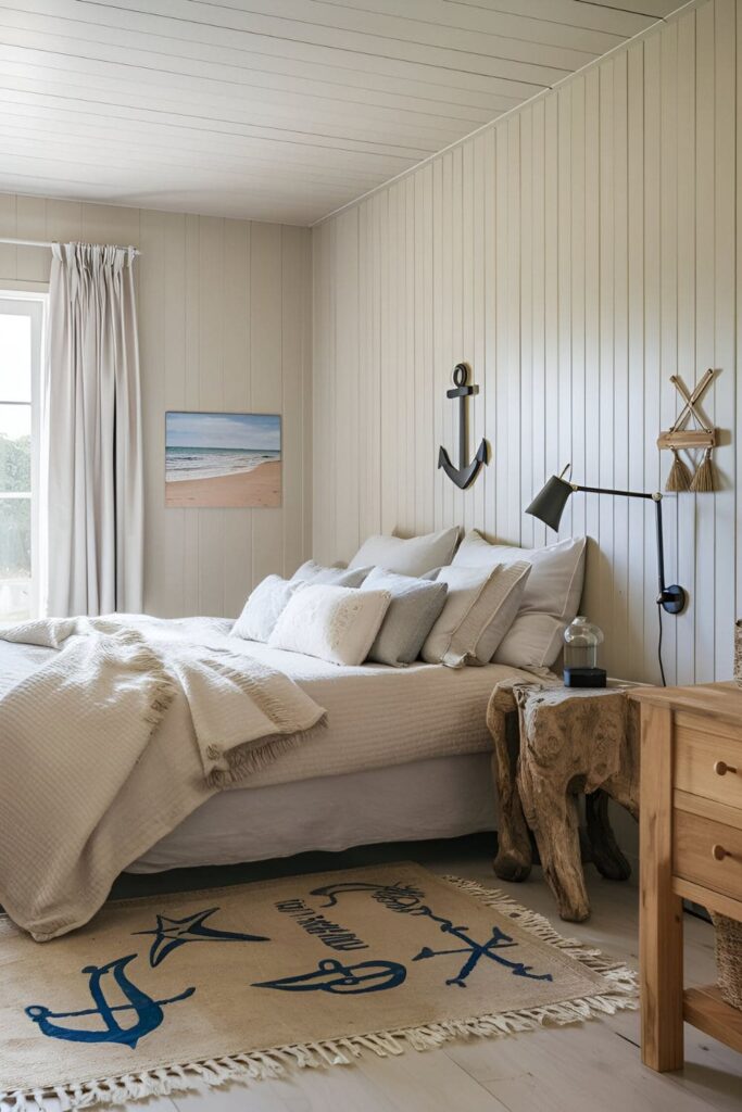 A bedroom with light sand-colored walls, beach-inspired decor, and natural wood furniture, creating a relaxed and comforting space