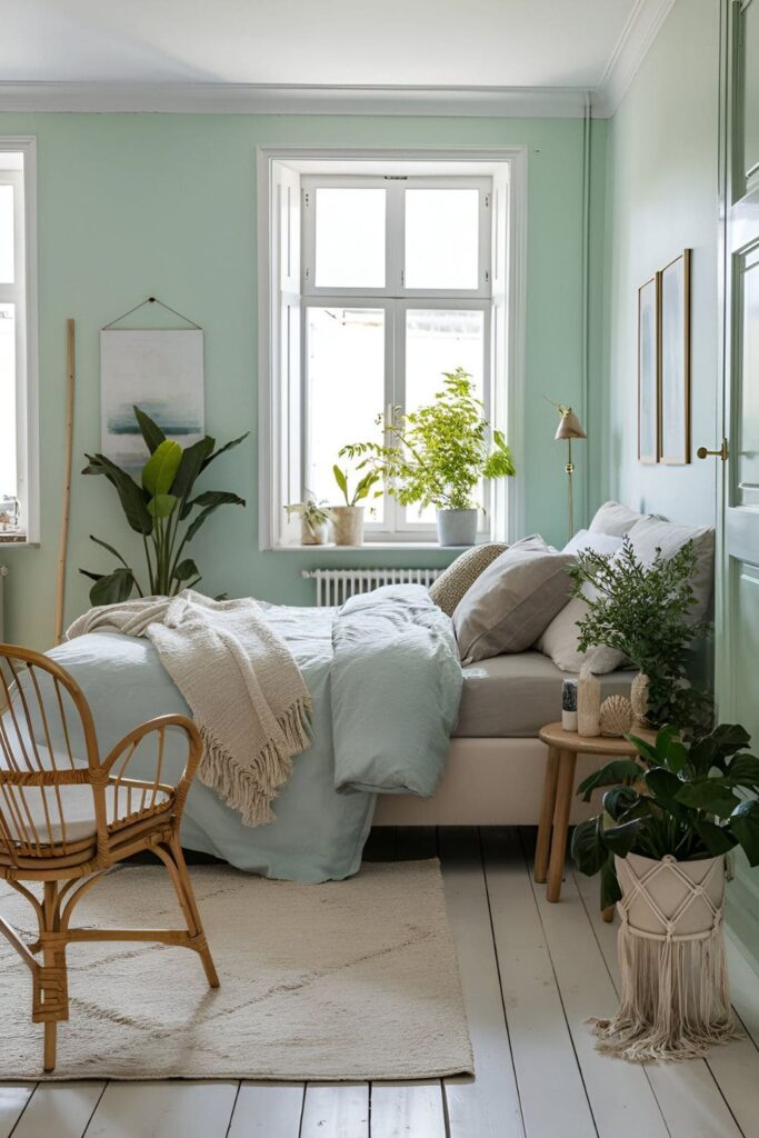 A bedroom with mint green walls, fresh decor, and natural materials, creating a peaceful and refreshing space