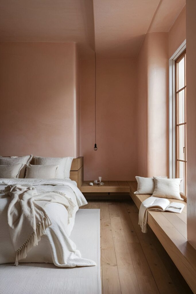 A bedroom with pale peach walls, white bedding, and warm wood elements, creating an inviting and stress-free environment