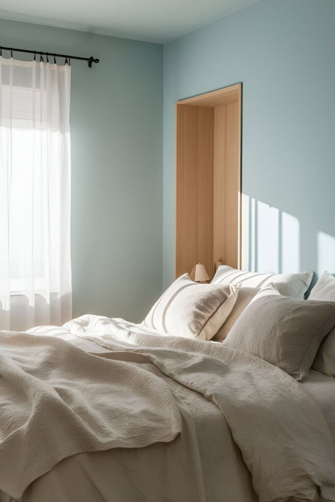 A bedroom with pastel blue walls, white linens, and light wood accents, providing a peaceful and airy ambiance