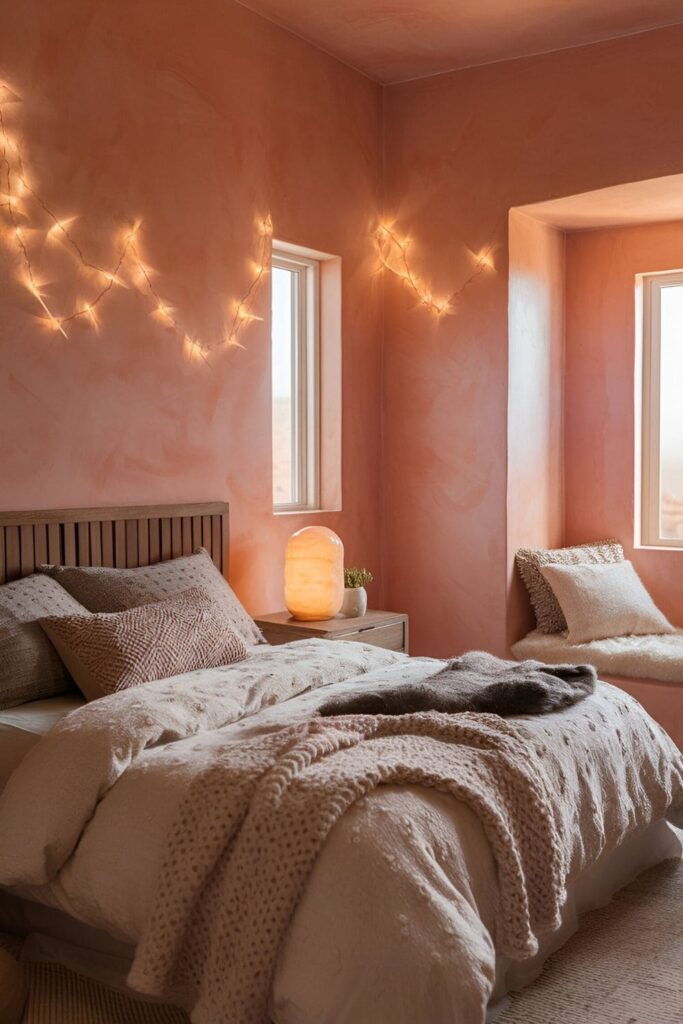 A bedroom with peach walls, cozy textiles, and wooden accents, creating a warm and anxiety-reducing environment