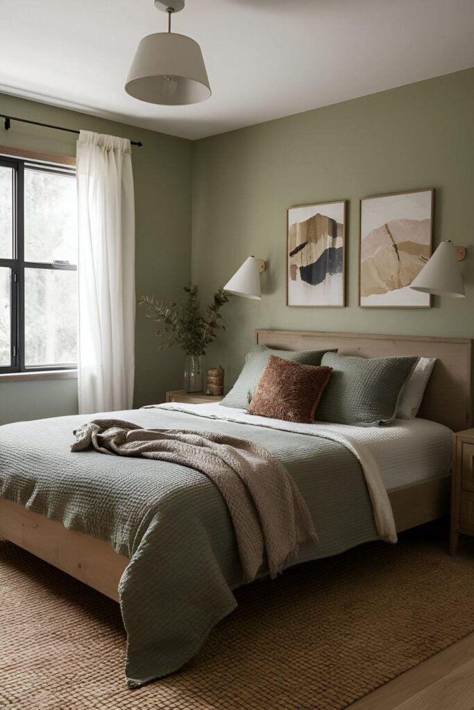 A bedroom with sage green walls, earthy decor, and natural wood elements, creating a peaceful and grounding atmosphere