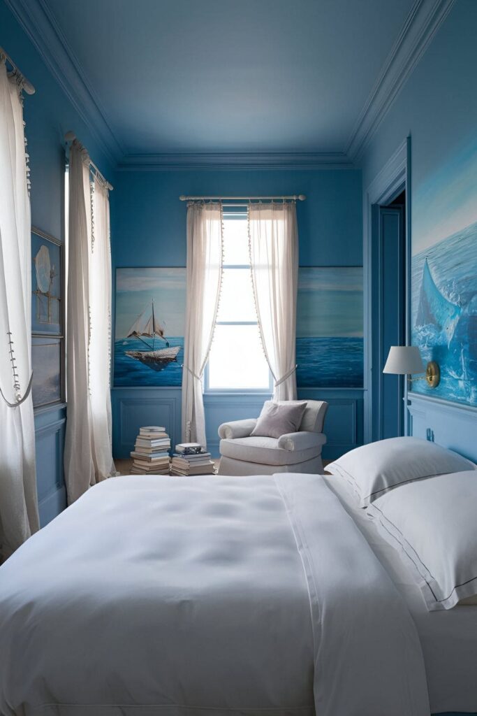 A bedroom with soft blue walls, white bedding, and ocean-inspired decor, reducing anxiety and promoting relaxation