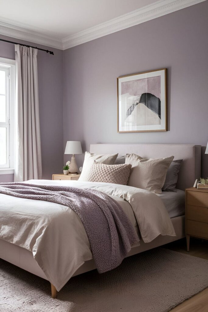 A bedroom with soft lilac walls, neutral-toned bedding, and gentle lighting, offering a calming and anxiety-easing environment