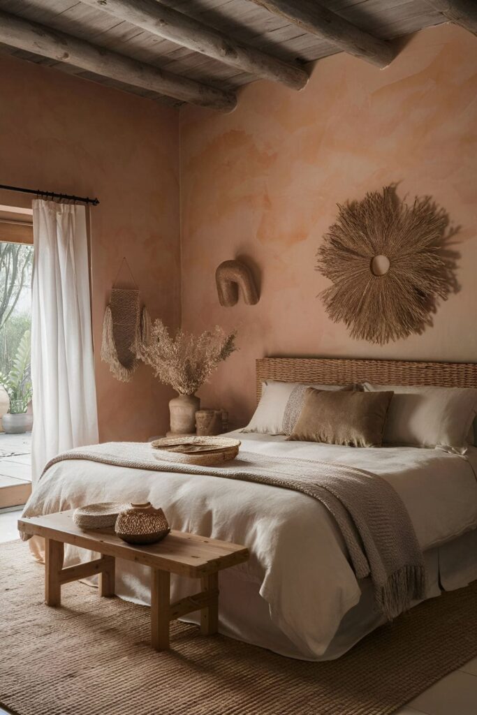 A bedroom with soft terracotta walls, rustic decor, and natural materials, fostering a calming and earthy atmosphere