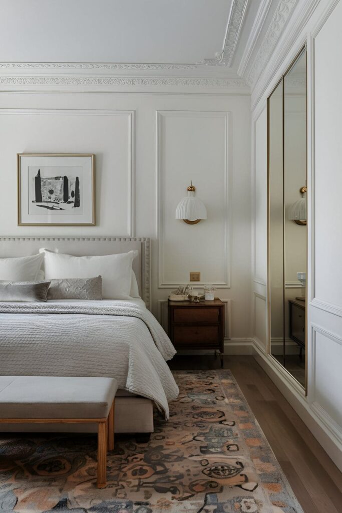 A bedroom with soft white walls, reflective surfaces, and simple decor, promoting peace and clarity