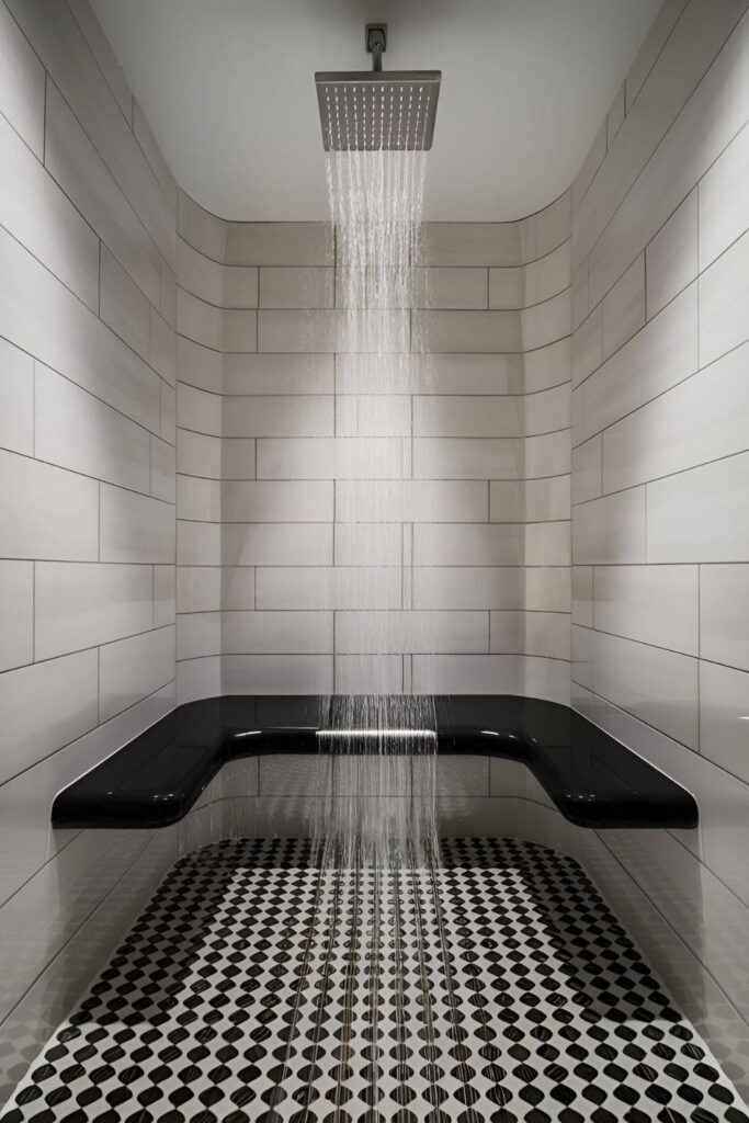 A luxurious shower with a black shower bench, contrasting against white tiles and adding elegance to the space