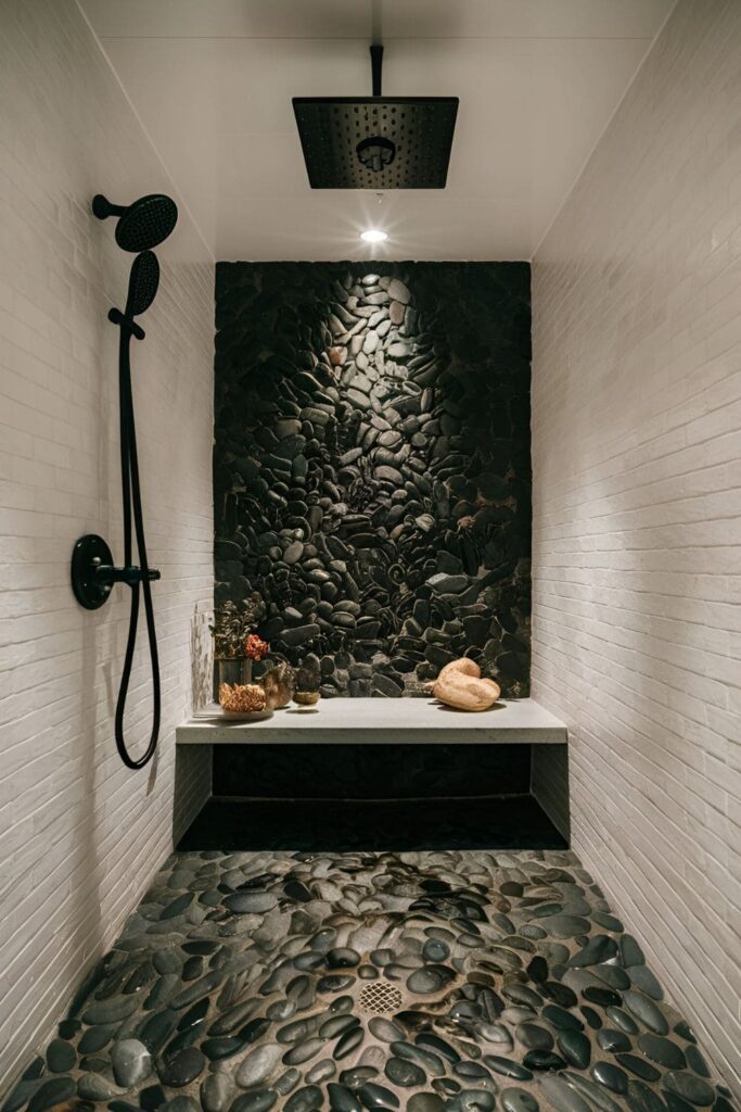 A spa-like shower with a black pebble floor, creating a striking contrast with smooth white tiles on the walls 