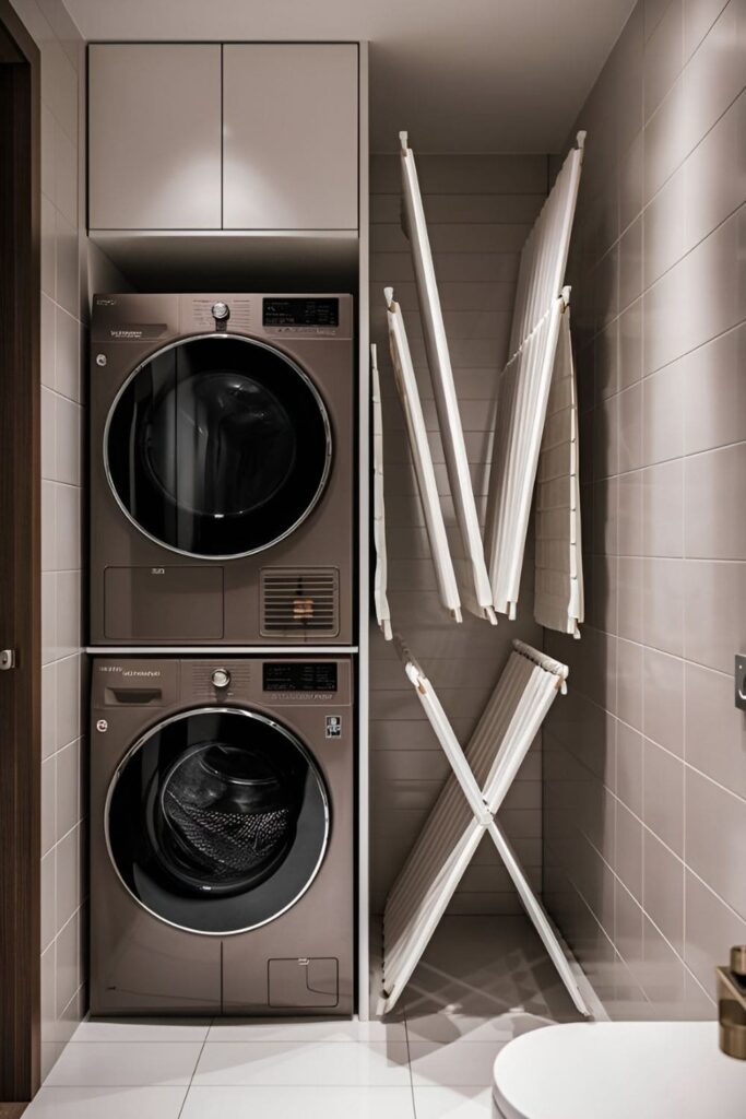 Apartment bathroom with a stackable washer-dryer unit and foldable drying racks, maximizing space and functionality