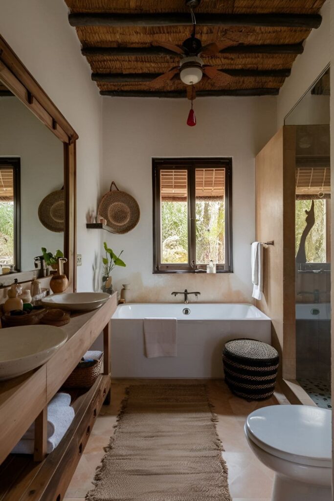 Bathroom adorned with handmade pottery, woven baskets, and hand-carved wooden items, adding an artisanal touch