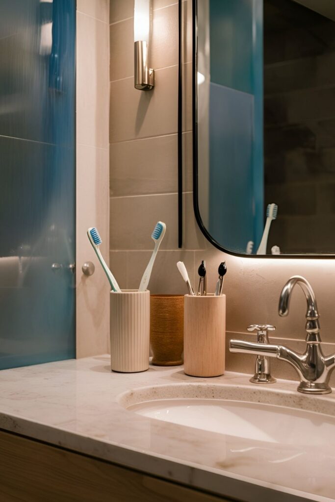 Bathroom countertop featuring two matching toothbrush holders made of ceramic, wood, or stainless steel for a polished look